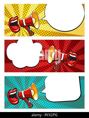 Three Sale Banners with Open Mouth and Megaphone. Sale design templates with empty Bubbles for your text. Vector illustration. Stock Vector