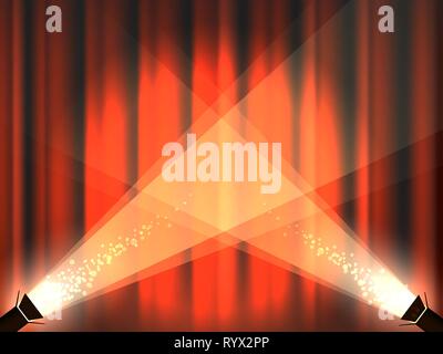 Theater or cinema stage red curtain with spot lights. Background with empty space for your message. Vector illustration. Stock Vector