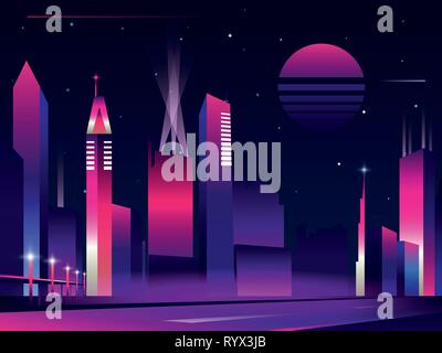 Night city silhouette with bridge and highway road in neon glowing colors. Retro 80s poster style. Vector illustration Stock Vector