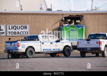 Moapa, Nevada, United States - November 14, 2018: Vegas Desert Tour Bus drove into a wall of a gas station. Stock Photo