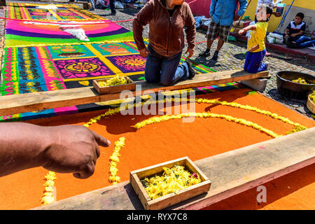 Antigua, Guatemala -  March 25, 2018: Decorating dyed sawdust Palm Sunday carpet with flowers destroyed moments later by passing processions. Stock Photo