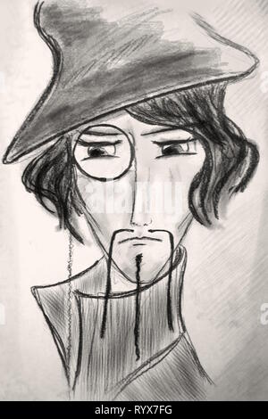 Drawing of man's face in a hat and with a monocle Stock Photo