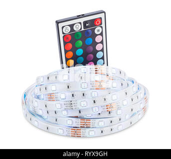 RGB LED strip light with remote control electronics energy saving decoration technology isolated  in front of white background Stock Photo