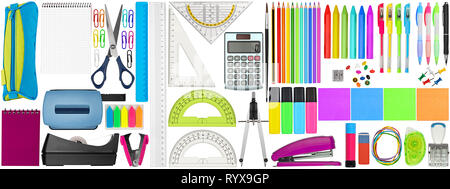 huge set collection of colorful school office supplies stationery isolated on white background study education business concept Stock Photo