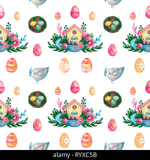 Spring Easter composition house basket branches flowers eggs on white isolated background. Festive symbolic elements seamless pattern Stock Photo