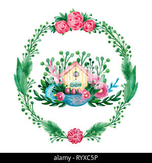 Spring Easter composition house basket branches flowers eggs on white isolated background. Festive symbolic elements frame Stock Photo