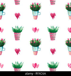 Watercolor set is a collection of spring flowers of tulips in a vase Flowering plants for Botanical printing seamless pattern Stock Photo