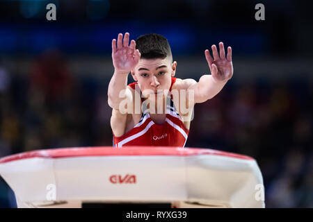Liverpool, UK. 15th Mar, 2019. Loui Heao (City of Manchester Institute of) in MAG Under 14 - Sub Division 1, Vault during the 2019 Gymnastics British Championships at M&S Bank Arena on Friday, 15 March 2019. LIVERPOOL ENGLAND. (Editorial use only, license required for commercial use. No use in betting, games or a single club/league/player publications.) Credit: Taka G Wu/Alamy News Credit: Taka Wu/Alamy Live News Stock Photo