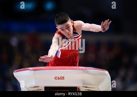 Liverpool, UK. 15th Mar, 2019. Loui Heao (City of Manchester Institute of) in MAG Under 14 - Sub Division 1, Vault during the 2019 Gymnastics British Championships at M&S Bank Arena on Friday, 15 March 2019. LIVERPOOL ENGLAND. (Editorial use only, license required for commercial use. No use in betting, games or a single club/league/player publications.) Credit: Taka G Wu/Alamy News Credit: Taka Wu/Alamy Live News Stock Photo