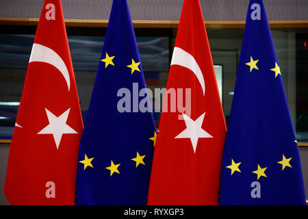 Brussels, Belgium. 15th Mar, 2019. Flag of Europe and Flag of Turkey stand at Headquarters of European Council. Credit: ALEXANDROS MICHAILIDIS/Alamy Live News Stock Photo