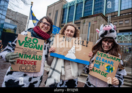 Brussels, North Brabant, Belgium. 15th Mar, 2019. Three women are seen holding placards during the Global climate strike for future rally. This Friday, tens of thousands of kids in more of 60 countries went on strike to demand climate change action. The school strike movement was inspired by Swedish teenager Greta Thunberg, who has been striking from school every Friday since last August to stand outside the Swedish parliament building and demand that her home country adheres to the Paris agreement on climate change. Credit: ZUMA Press, Inc./Alamy Live News Stock Photo