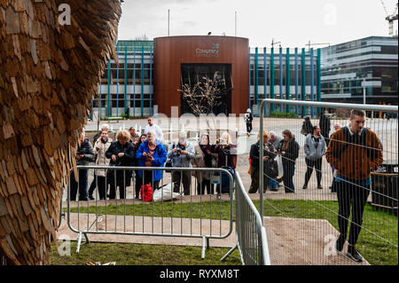 Coventry, West Midlands, UK. 15th March, 2019. The Knife Angel which was installed at Coventry Cathedral yesterday drew big crowds of spectators today.  The country is currently in a grip of knife violence. It is hoped the sculpture will highlight the issue and have a positive effect on the public. Credit: Andy Gibson/Alamy Live News.