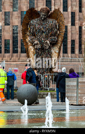 Coventry, West Midlands, UK. 15th March, 2019. The Knife Angel which was installed at Coventry Cathedral yesterday drew big crowds of spectators today.  The country is currently in a grip of knife violence. It is hoped the sculpture will highlight the issue and have a positive effect on the public. Credit: Andy Gibson/Alamy Live News.