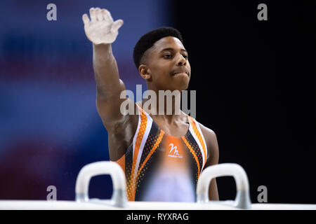 Liverpool, UK. 15th Mar, 2019. James Philip (Marriotts Gym Club) performs Pommel Horse in MAG Under 14, during the 2019 Gymnastics British Championships at M&S Bank Arena on Friday, 15 March 2019. LIVERPOOL ENGLAND. (Editorial use only, license required for commercial use. No use in betting, games or a single club/league/player publications.) Credit: Taka G Wu/Alamy News Credit: Taka Wu/Alamy Live News Stock Photo
