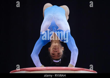 Liverpool, UK. 15th Mar, 2019. Alia Leat (Heathrow Gymnastics Club) performs pommel horse under WAG Junior - Sub Division 2, during the 2019 Gymnastics British Championships at M&S Bank Arena on Friday, 15 March 2019. LIVERPOOL ENGLAND. (Editorial use only, license required for commercial use. No use in betting, games or a single club/league/player publications.) Credit: Taka G Wu/Alamy News Credit: Taka Wu/Alamy Live News Stock Photo