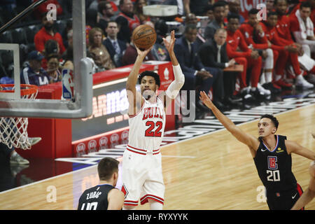 Los Angeles, California, USA. 15th Mar, 2019. Chicago Bulls' Otto Porter Jr. (22) shoots during an NBA basketball game between Los Angeles Clippers and Chicago Bulls Friday, March 15, 2019, in Los Angeles. The Clippers won 128-121. Credit: Ringo Chiu/ZUMA Wire/Alamy Live News Stock Photo