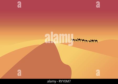 Desert concept - camels in desert. Camels caravan going through the sand dunes in desert. Landscape, panoramic, outside view on wild nature. Stock Vector