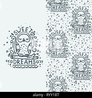 Sweet dreams. Set of seamless cute childish pattern and doodle cut image with hand drawn cute animals. Creative doodle kids texture for fabric, wrappi Stock Vector