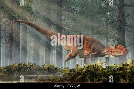 Giganotosaurus, one of the largest known terrestrial carnivores, was a carcharodontosaurid theropod dinosaur. The creature stands in a forest. Stock Photo