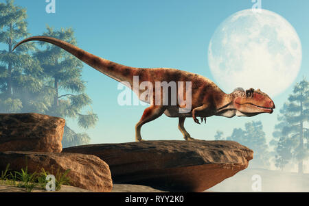 Giganotosaurus, one of the largest known terrestrial carnivores, a carcharodontosaurid theropod dinosaur, here stands on a rock under a full moon Stock Photo