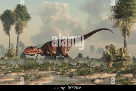 Giganotosaurus, one of the largest known terrestrial carnivores, was a carcharodontosaurid theropod dinosaur. Here it stands in a watery lowland. Stock Photo