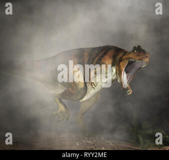 Giganotosaurus, one of the largest known terrestrial carnivores, a carcharodontosaurid theropod dinosaur, it stalks out a dense fog. Stock Photo