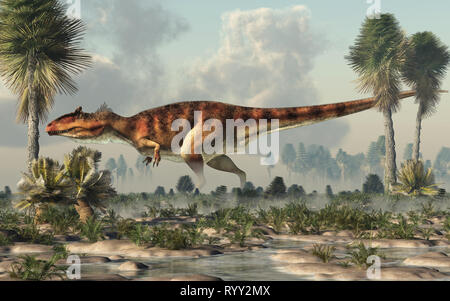 Giganotosaurus, one of the largest known terrestrial carnivores, a carcharodontosaurid theropod dinosaur, stands in profile in a watery lowland. Stock Photo