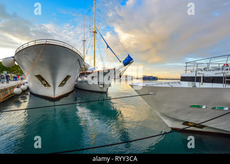 Boats, yachts, ships and ferries crowd the harbor on the Dalmatian Coast of the Adriatic Sea at the ancient port of Split, Croatia Stock Photo