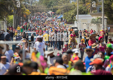 The battle of flowers is an event that takes place on Saturday of Carnival. It is a parade of floats, comparsas, cumbiambas, folk groups of dance and  Stock Photo