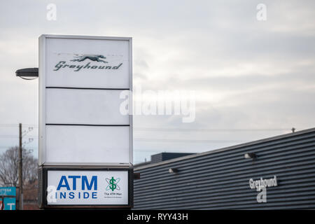 OTTAWA, CANADA - NOVEMBER 12, 2018: Greyhound logo in front of theMain building of the Ottawa Coach Station. Greyhound Canada is one of the main coach Stock Photo