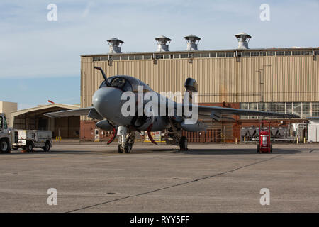 An EA-6B Prowler prepares for its last flight at Marine Corps Air Station Cherry Point, North Carolina, March 14, 2019. The aircraft is the last Prowler to leave Cherry Point and will be displayed at the Smithsonian National Air and Space Museum. The aircraft was assigned to Marine Tactical Electronic Warfare Squadron 2, Marine Aircraft Group 14, 2nd Marine Aircraft Wing. (U.S. Marine Corps photo by Cpl. Cody Rowe) Stock Photo