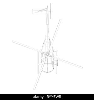 Contour of the black line helicopter isolated on white background. View from above. Vector illustration Stock Vector