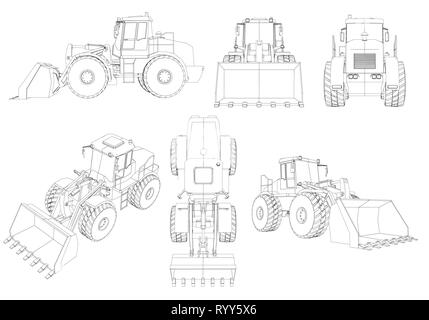 Set with contours of the bulldozer. 3D. Black line bulldozer isolated on white background. Bulldozer from different angles. Vector illustration Stock Vector