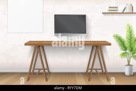 Interior with wooden desk and computer. Stock Vector