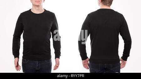 Man in black sweatshirt, black hoodies front and rear isolated on white background. mock up Stock Photo