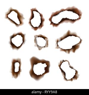 Set of burned torn holes in paper on transparent background Stock Vector
