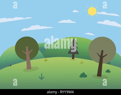 Forest on hills with big mountains and sky.Beautiful scene meadows with three mountains in the background.Nature landscape with trees, hills , sky and Stock Vector
