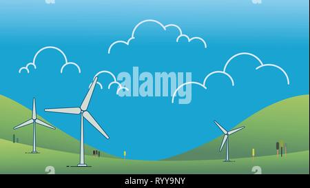 Wind power turbine on hill with sky Vector illustration.Green energy concept.Modern cartoon Nature landscape with wind turbine design.Ecology environm Stock Vector
