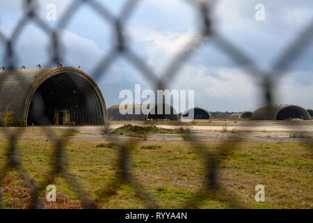 Hardened Cold War era aircraft shelters, RAF Woodbridge, Suffolk, UK. Stock Photo