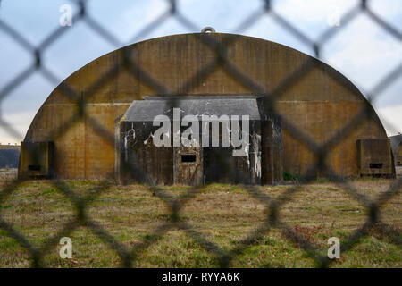 Hardened Cold War era aircraft shelters, RAF Woodbridge, Suffolk, UK. Stock Photo