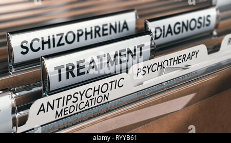 3D illustration of files with schizophrenia diagnosis and treatment with antipsychotic medication and psychotherapy. Mental health conditions concept. Stock Photo