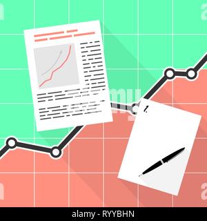 Sheet with diagram and text on the background of a large graph. Background for an article about office, business or data analysis. Stock Vector