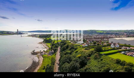 Aerial view of the city of Cushendun in North Ireland. Cushendun is a small coastal village in County Antrim Northern Ireland. Stock Photo