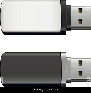 Vector isolated USB pen drives, black and white flash disks on transparent background Stock Vector