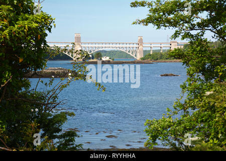 Looking across the Menai Strait towards Britannia bridge and Ynys Gorad Goch Stock Photo