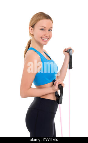 Fitness images. Girl exercising using resistance bands on white background Stock Photo