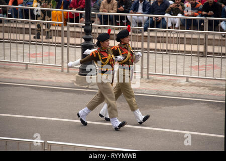 Indian Border Security Force soldiers march at the Attari-Wagah border closing ceremony the day after the Jaish-e-Mohammed terrorist attack. Stock Photo