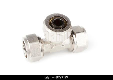 Brass tee to connect plastic pipes isolated on white background Stock Photo