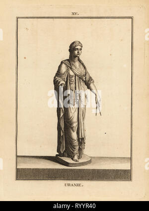 Statue of Urania, the muse of astronomy, with pair of compasses. Copperplate engraving by Francois-Anne David from Museum de Florence, ou Collection des Pierres Gravees, Statues, Medailles, Chez F.A. David, Paris, 1787. David (1741-1824) drew and engraved the illustrations based on Roman statues, engraved stones and medals in the collection of the Museum de Florence and the cabinet of curiosities of the Grand Duke of Tuscany. Stock Photo