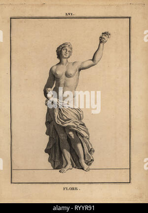 Statue of Flora, Roman goddess of flowers and spring, holding a posy of flowers.  Copperplate engraving by Francois-Anne David from Museum de Florence, ou Collection des Pierres Gravees, Statues, Medailles, Chez F.A. David, Paris, 1787. David (1741-1824) drew and engraved the illustrations based on Roman statues, engraved stones and medals in the collection of the Museum de Florence and the cabinet of curiosities of the Grand Duke of Tuscany. Stock Photo
